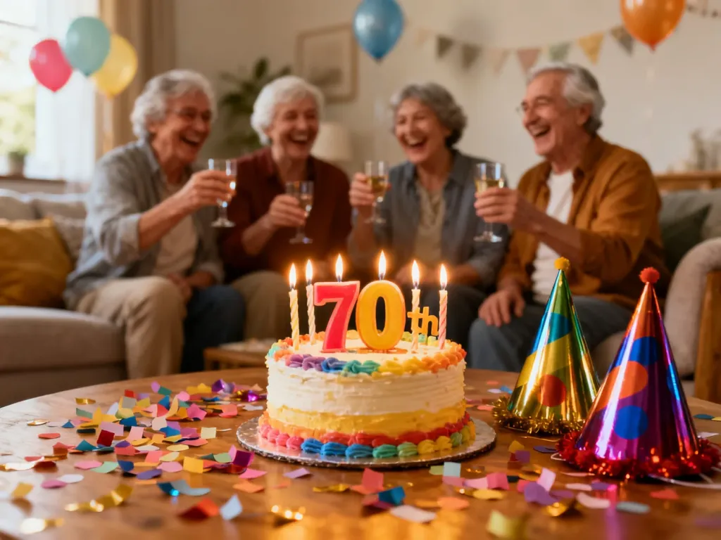 Kolorowy tort na 70. urodziny, świeczki i konfetti, w tle roześmiani seniorzy wznoszą toast w przytulnym salonie.