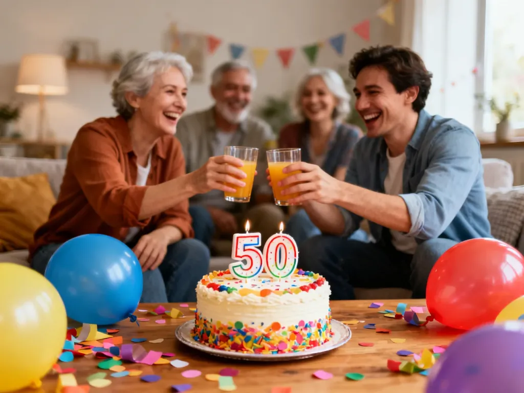 Tort z świeczkami „50”, balony i konfetti, przyjaciele w salonie wznoszą toast i radośnie świętują 50. urodziny.