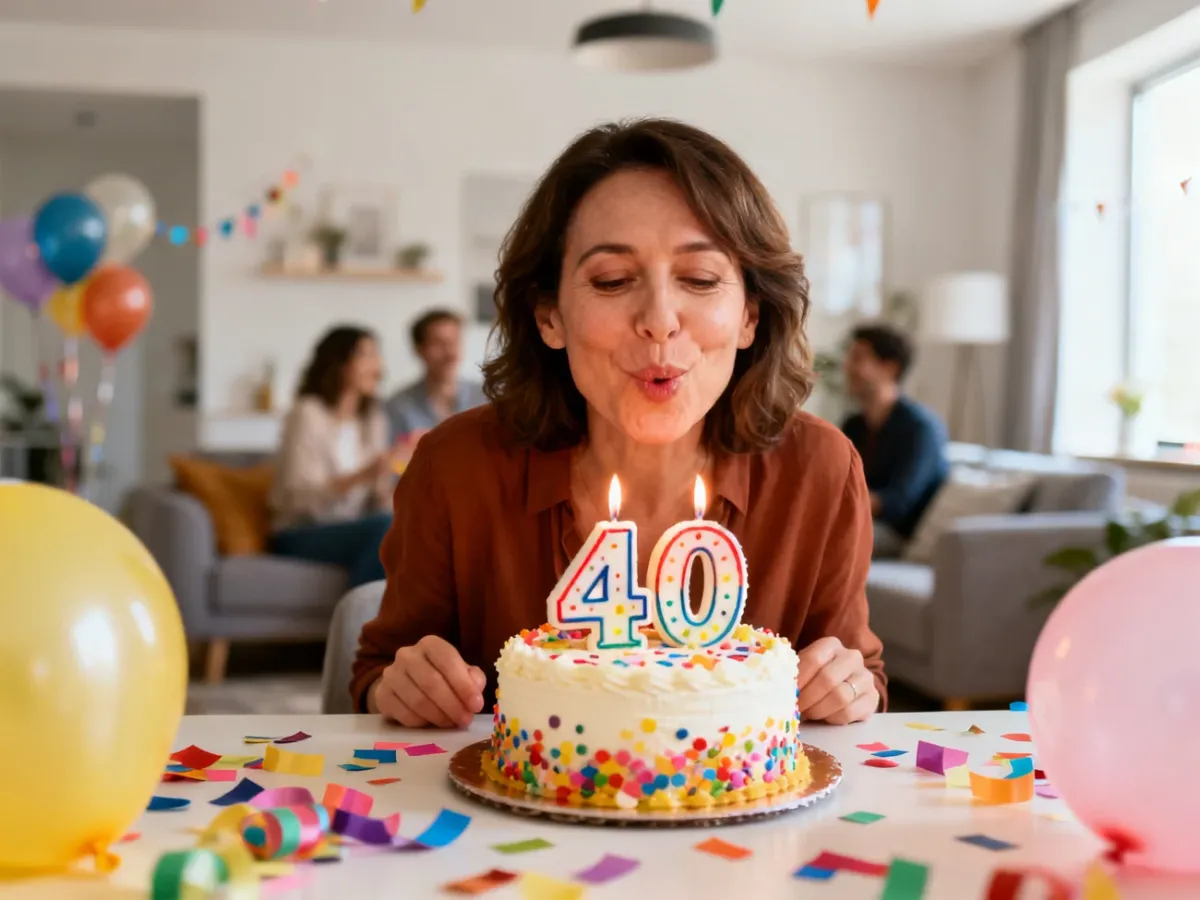 Uśmiechnięta 40-latka zdmuchuje świeczki na torcie „40” w otoczeniu balonów i konfetti podczas urodzinowej zabawy