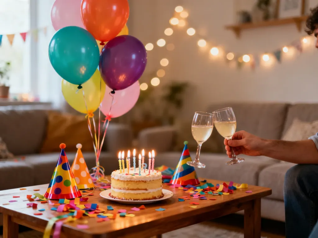 Przytulne urodzinowe przyjęcie w salonie: tort ze świeczkami, balony, konfetti i kieliszki w luźnej, zabawnej atmosferze.