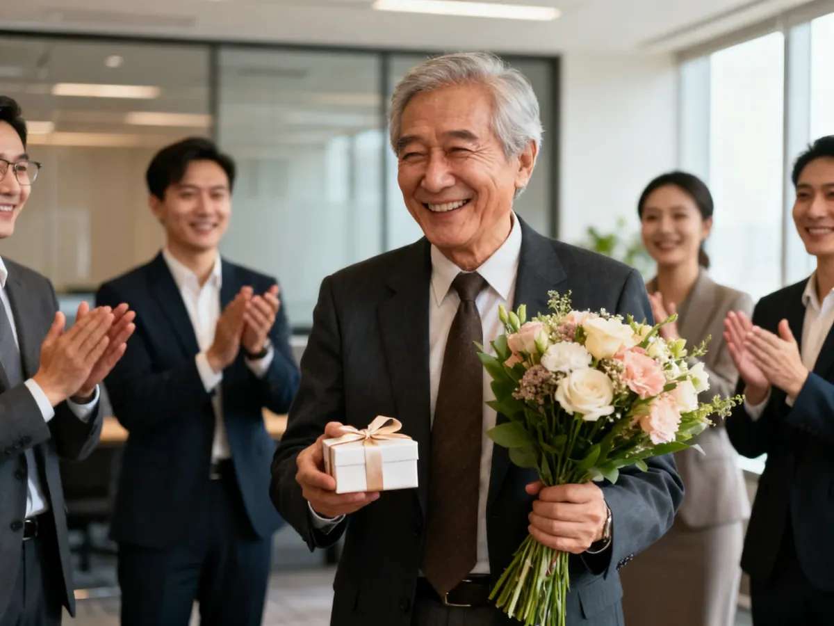 Formal retirement farewell with colleagues applauding a retiring professional