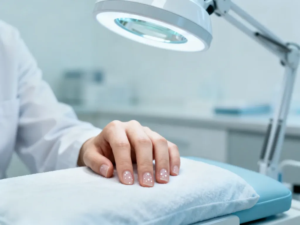 Zbliżenie na dłoń z widocznymi białymi plamkami na paznokciach w gabinecie dermatologicznym.
