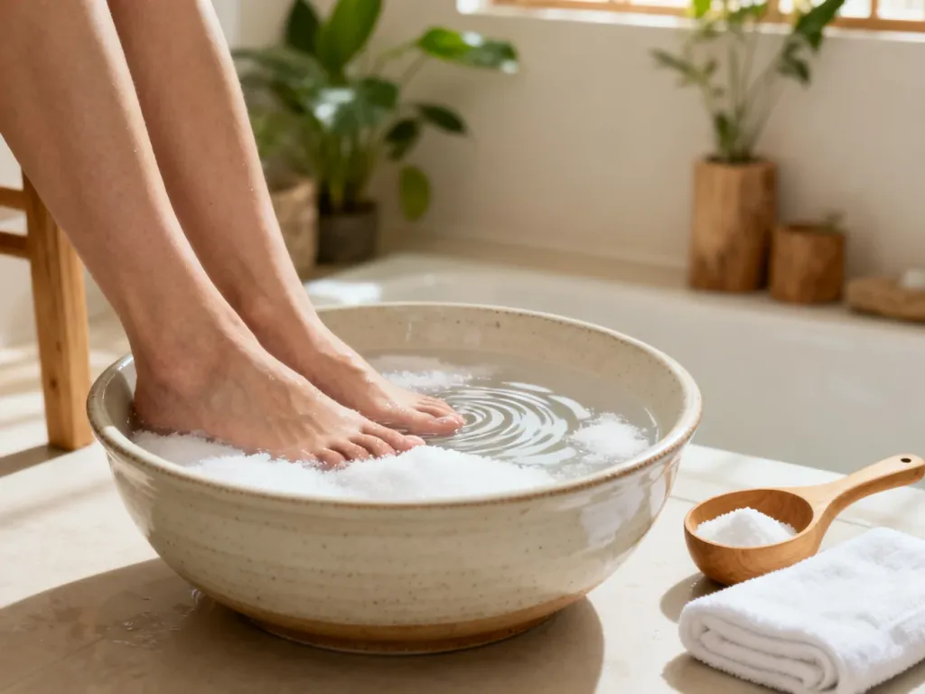 Stopy zanurzone w misce z wodą i sodą oczyszczoną w relaksującej atmosferze domowego spa.