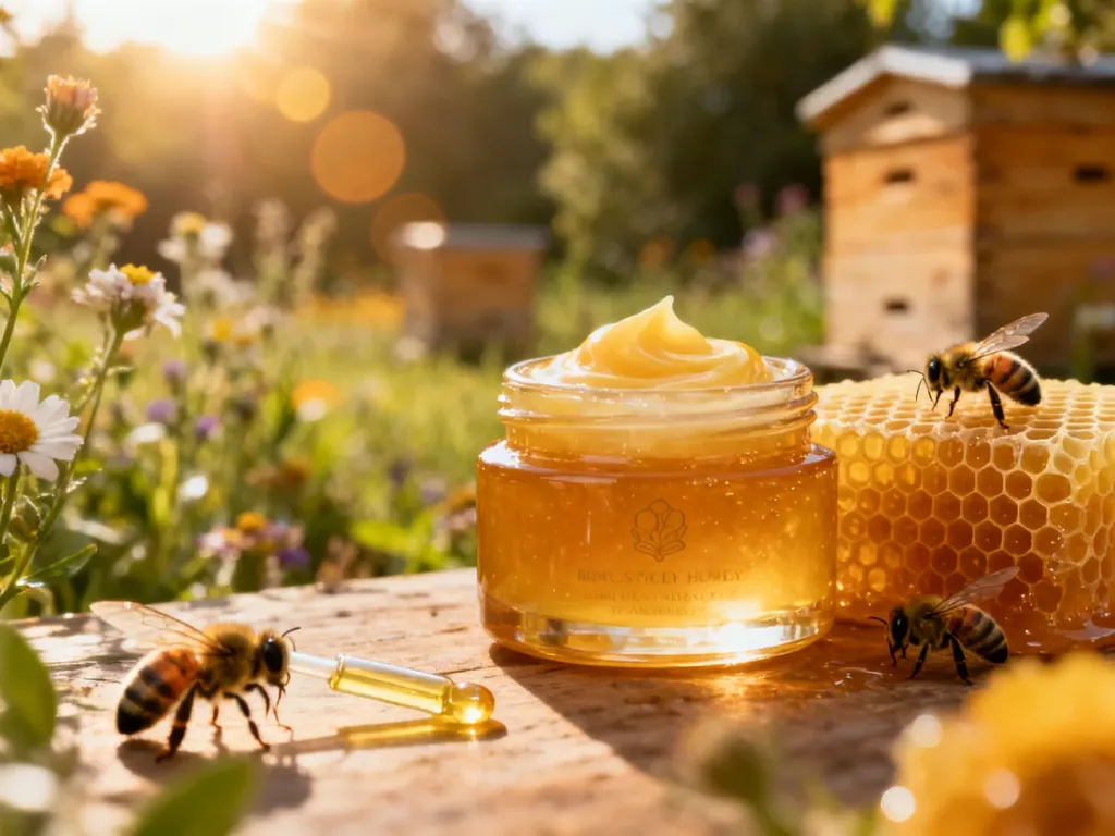 Luksusowy krem z jadem pszczelim obok plastra miodu i pszczół w słonecznym ogrodzie, podkreślający naturalny skład produktu.