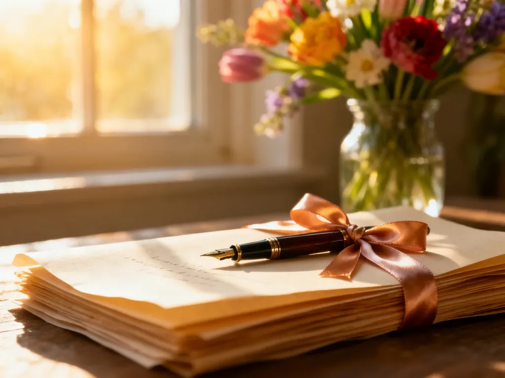 Eleganckie pióro wieczne na stosie papieru przewiązanego wstążką, symbolizujące pisanie życzeń na zakończenie szkoły.