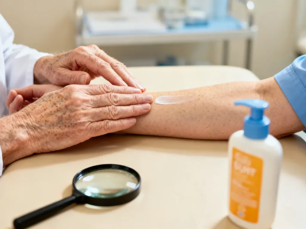 Starsza osoba nakłada krem z filtrem na dłonie z widocznymi plamami starczymi w gabinecie dermatologicznym.
