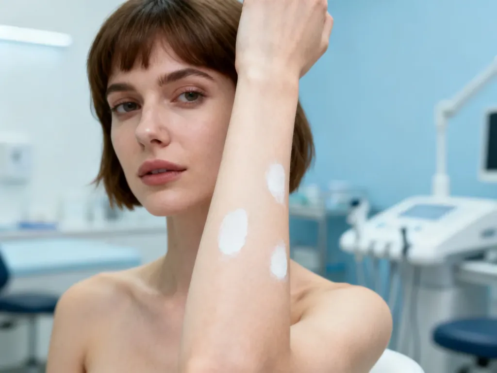 Zbliżenie na przedramię kobiety z widocznymi odbarwionymi, białymi plamami na skórze w gabinecie dermatologicznym.
