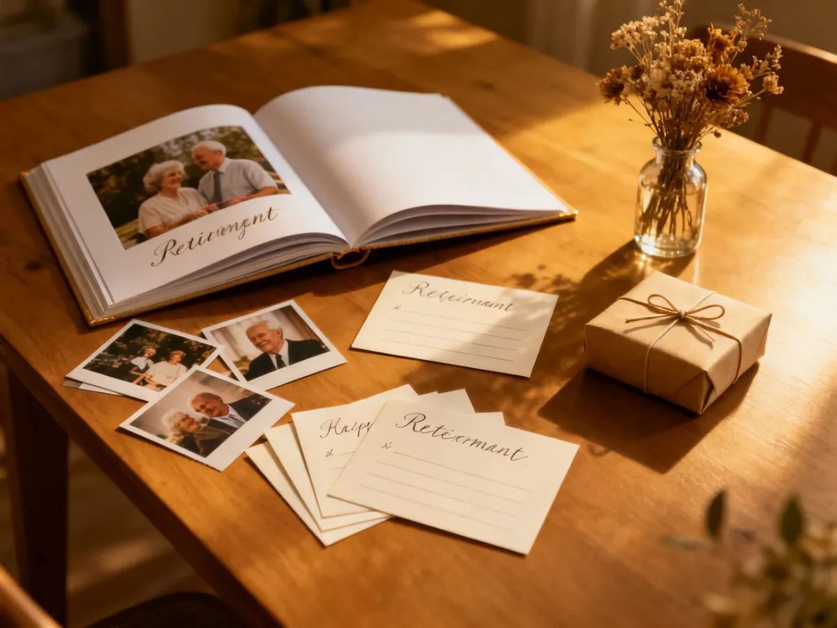 Retirement keepsakes including a photo album, cards, flowers, and a gift