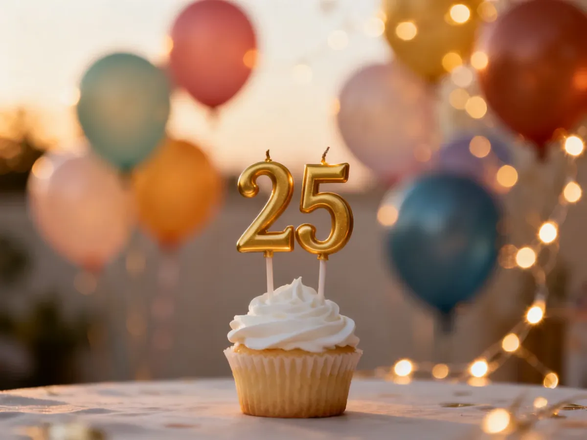 Elegancka babeczka ze złotą świeczką w kształcie liczby 25 na tle rozmytych, kolorowych balonów i światełek.