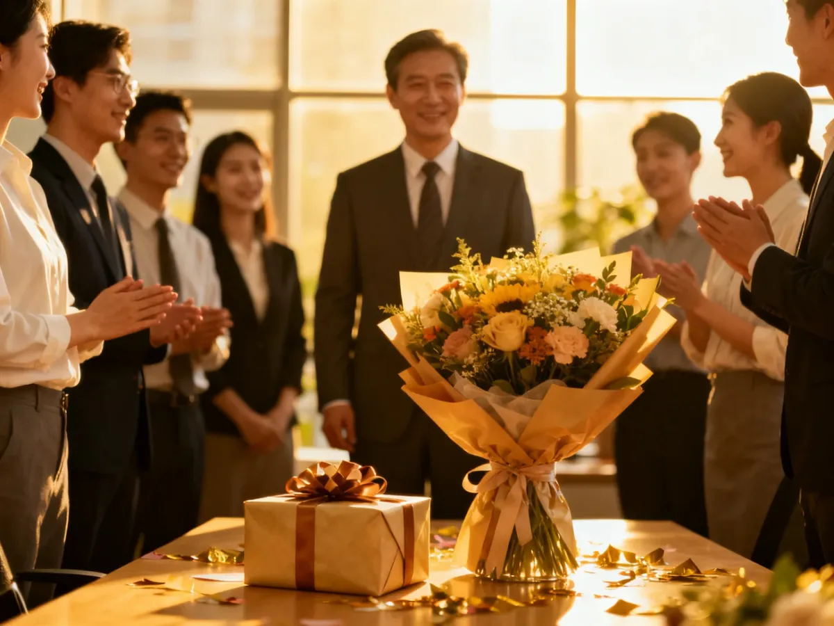 Colleagues thanking a retiring manager during an office farewell