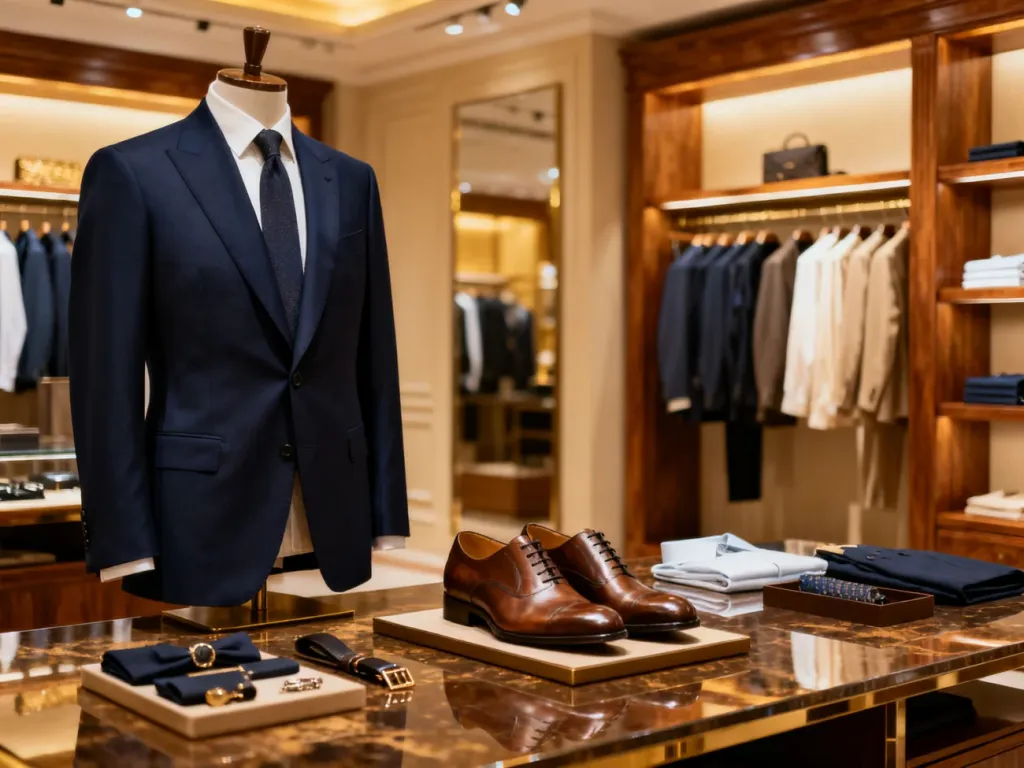 Eleganckie wnętrze butiku Pako Lorente z wyeksponowanym granatowym garniturem, skórzanymi butami i stylowymi dodatkami.
