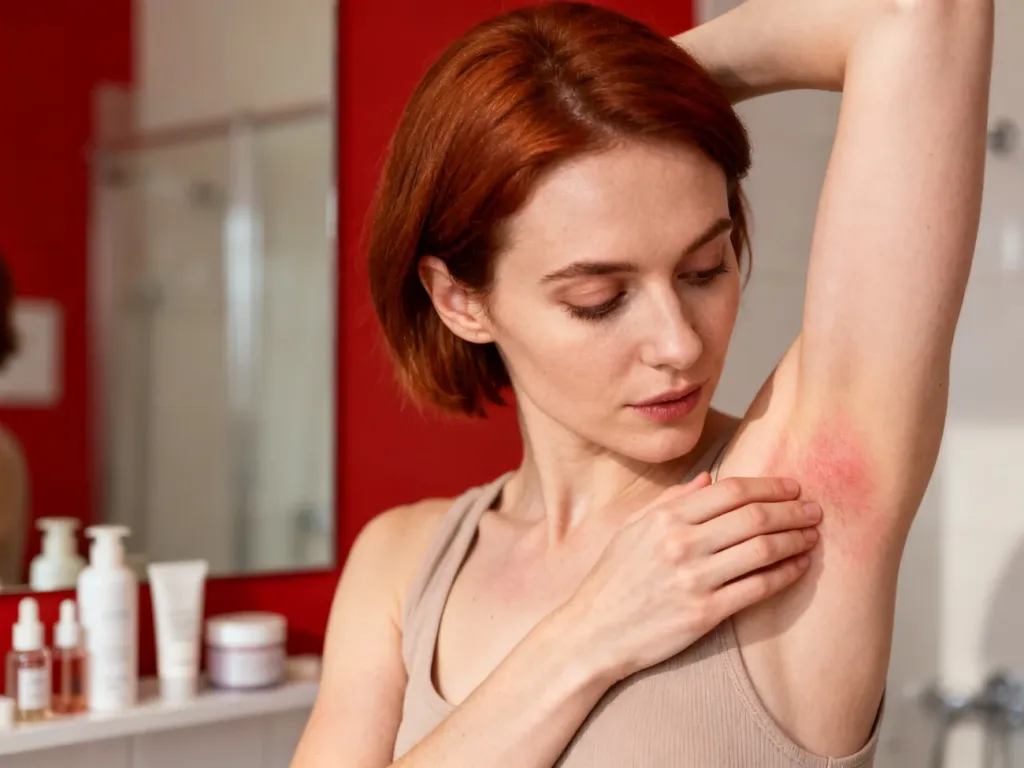 Kobieta w łazience oglądająca delikatne zaczerwienienie skóry pod pachą. Ilustracja problemów dermatologicznych.