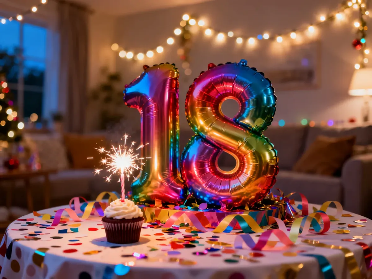 Kolorowe balony w kształcie liczby 18, konfetti i babeczka ze świeczką tworzą radosną atmosferę urodzinowego przyjęcia.