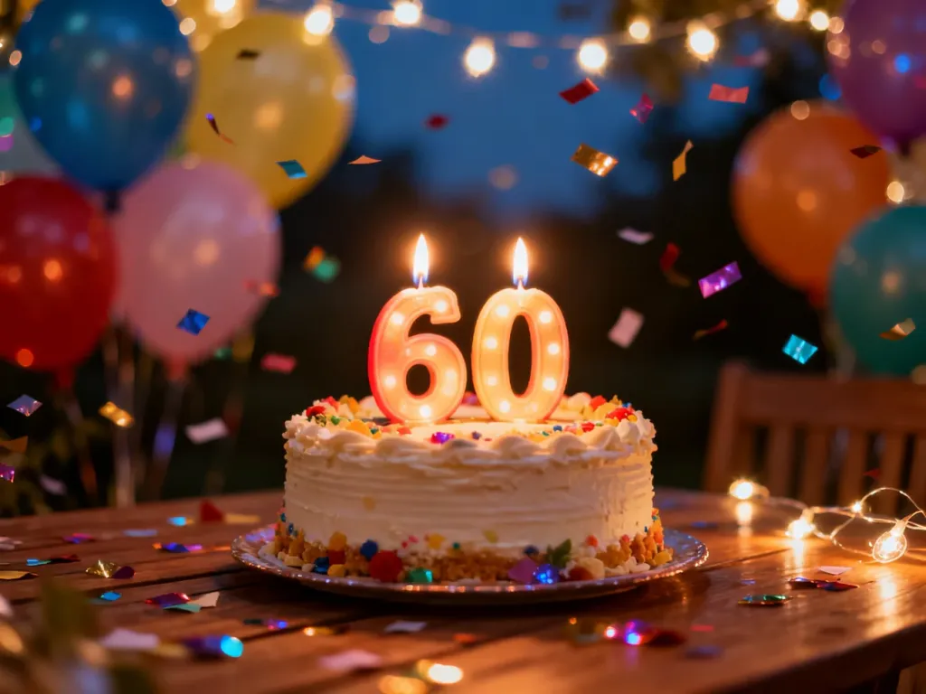 Tort urodzinowy z liczbą 60 na tle kolorowych balonów i konfetti, tworzący radosną atmosferę świętowania.