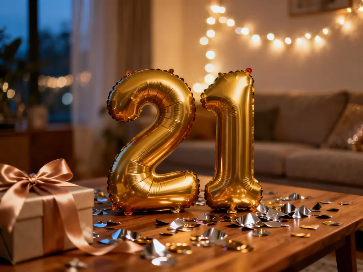 Złoty balon z liczbą 21 na drewnianym stole w otoczeniu konfetti, tworzący elegancki i świąteczny nastrój urodzinowy.