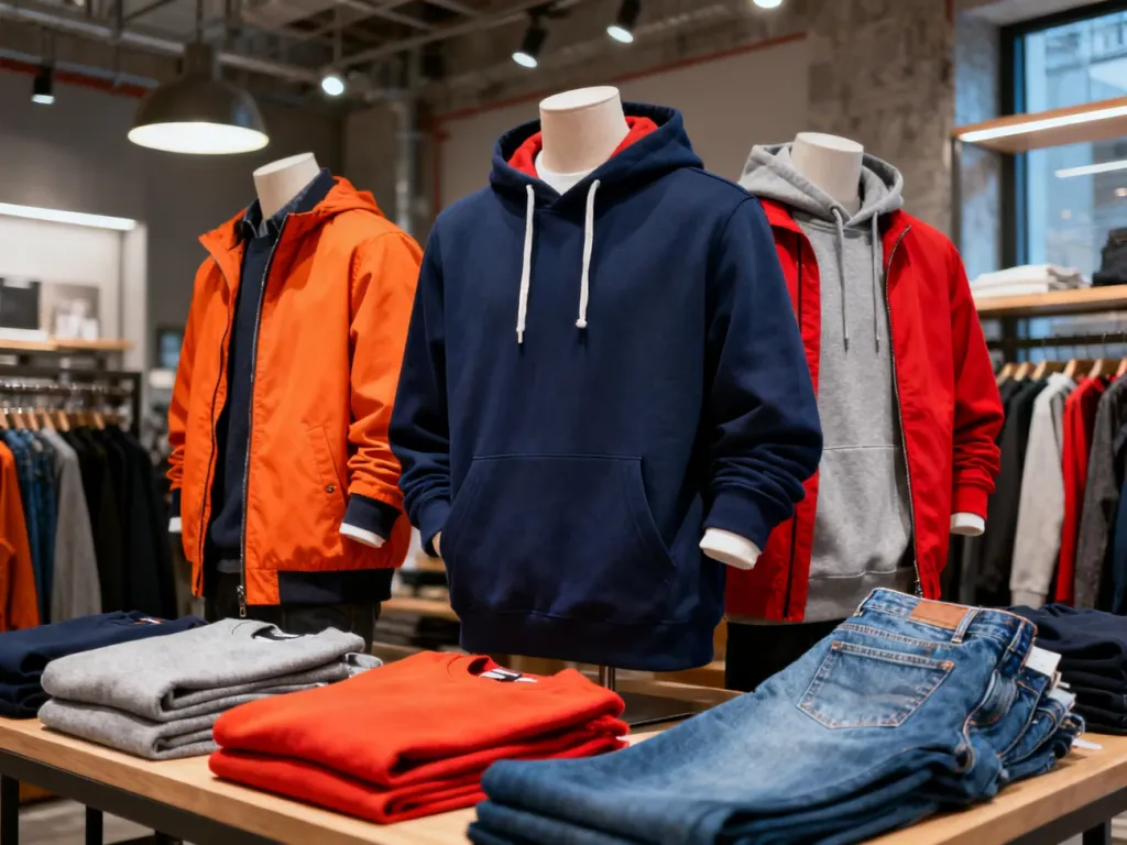 Wnętrze sklepu Superdry z wyeksponowaną kolorową odzieżą casualową, taką jak kurtki, bluzy i jeansy.