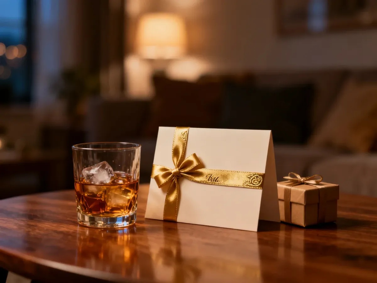 Elegancka kartka okolicznościowa, szklanka whisky i prezent na drewnianym stole, tworzące przytulny klimat na imieniny.
