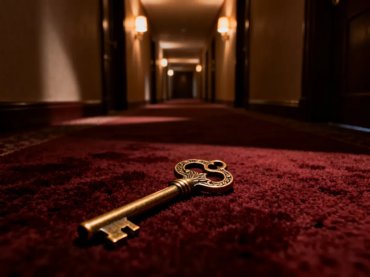 Zabytkowy mosiężny klucz leżący na czerwonym dywanie w mrocznym, tajemniczym korytarzu hotelowym.