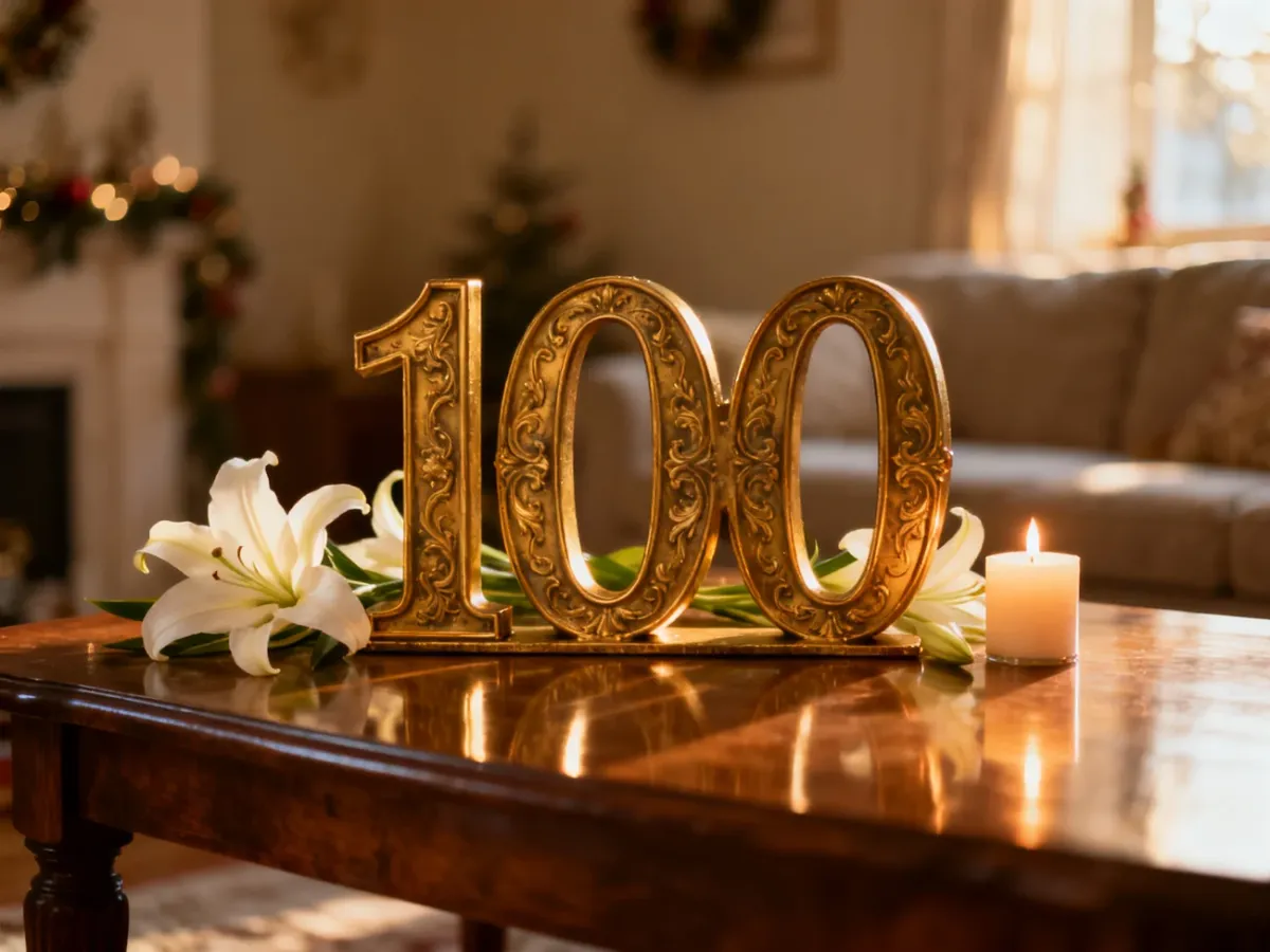 Złota liczba „100” na drewnianym stole w otoczeniu białych lilii i zapalonej świecy, tworząca elegancki nastrój urodzinowy.