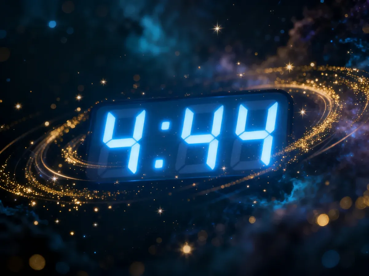 Cyfrowy zegar wyświetlający godzinę 4:44 w otoczeniu kosmicznego pyłu i mistycznego światła, symbolizujący anielskie przesłanie.