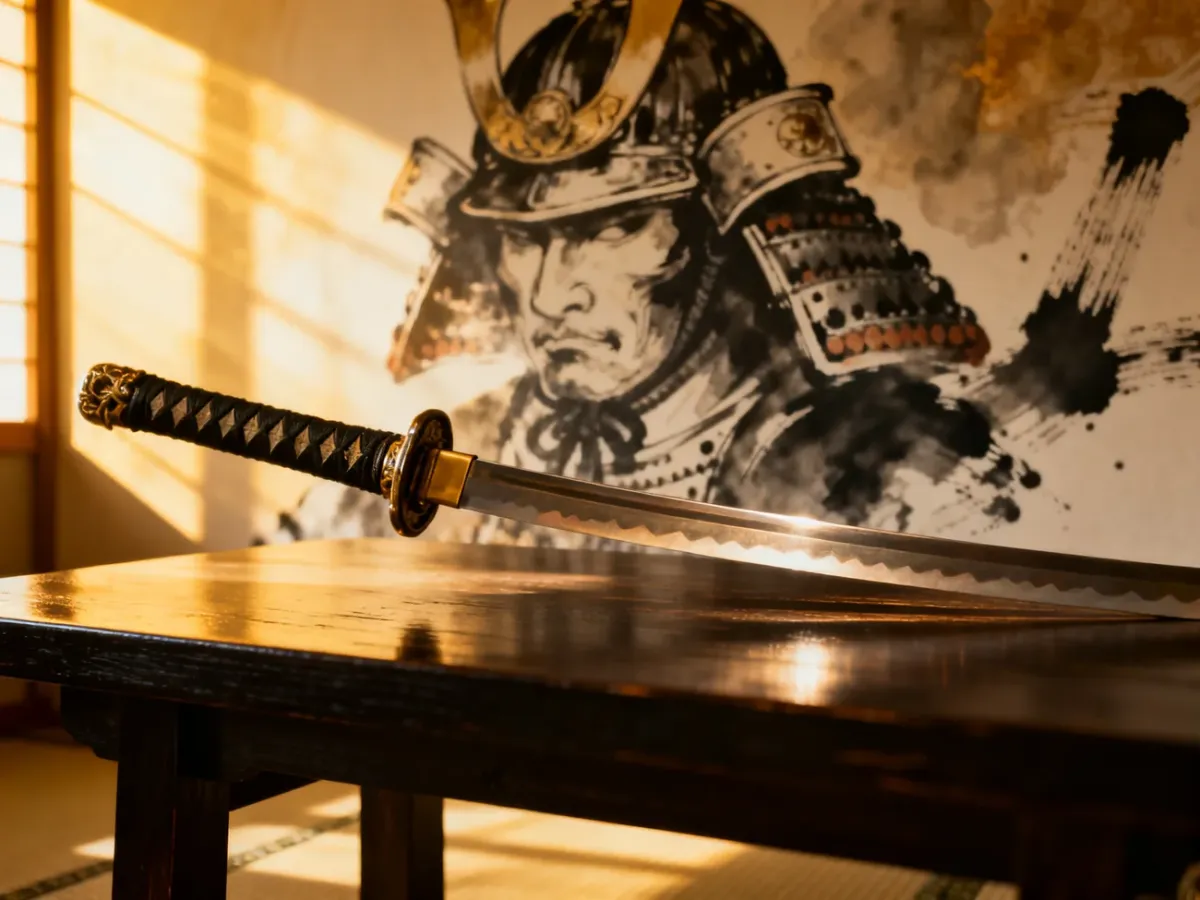Tradycyjny miecz katana na drewnianym stole na tle artystycznego malowidła z hełmem samuraja w stylu sumi-e.