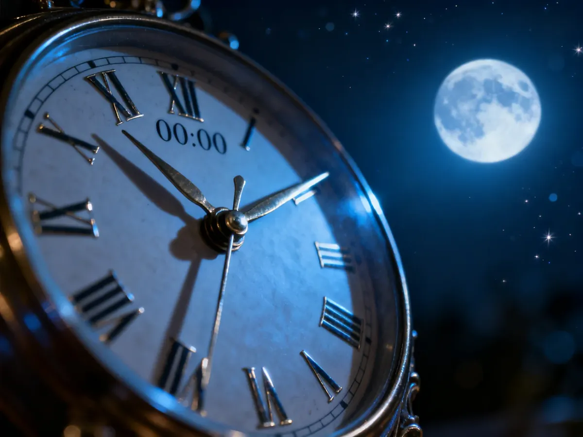 Zegar analogowy wskazujący godzinę 00:00 w mistycznym, niebieskim świetle, symbolizujący magiczny moment północy.