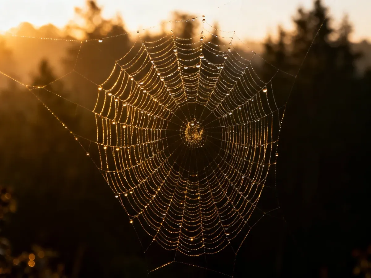 Realistyczna pajęczyna z kroplami rosy w blasku porannego słońca, podkreślająca precyzję i naturalne piękno wzoru.