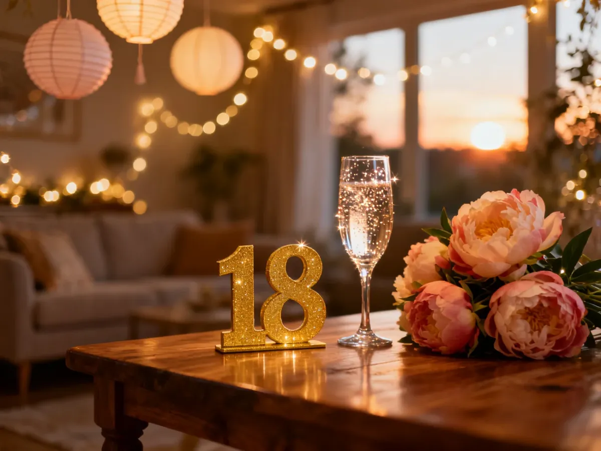 Elegancko nakryty stół z dekoracją „18” i kwiatami, tworzący przytulną atmosferę na przyjęcie urodzinowe córki.