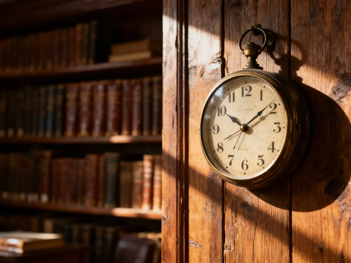 Zegar analogowy na drewnianej ścianie wskazujący godzinę 15:15 w przytulnym, bibliotecznym wnętrzu.