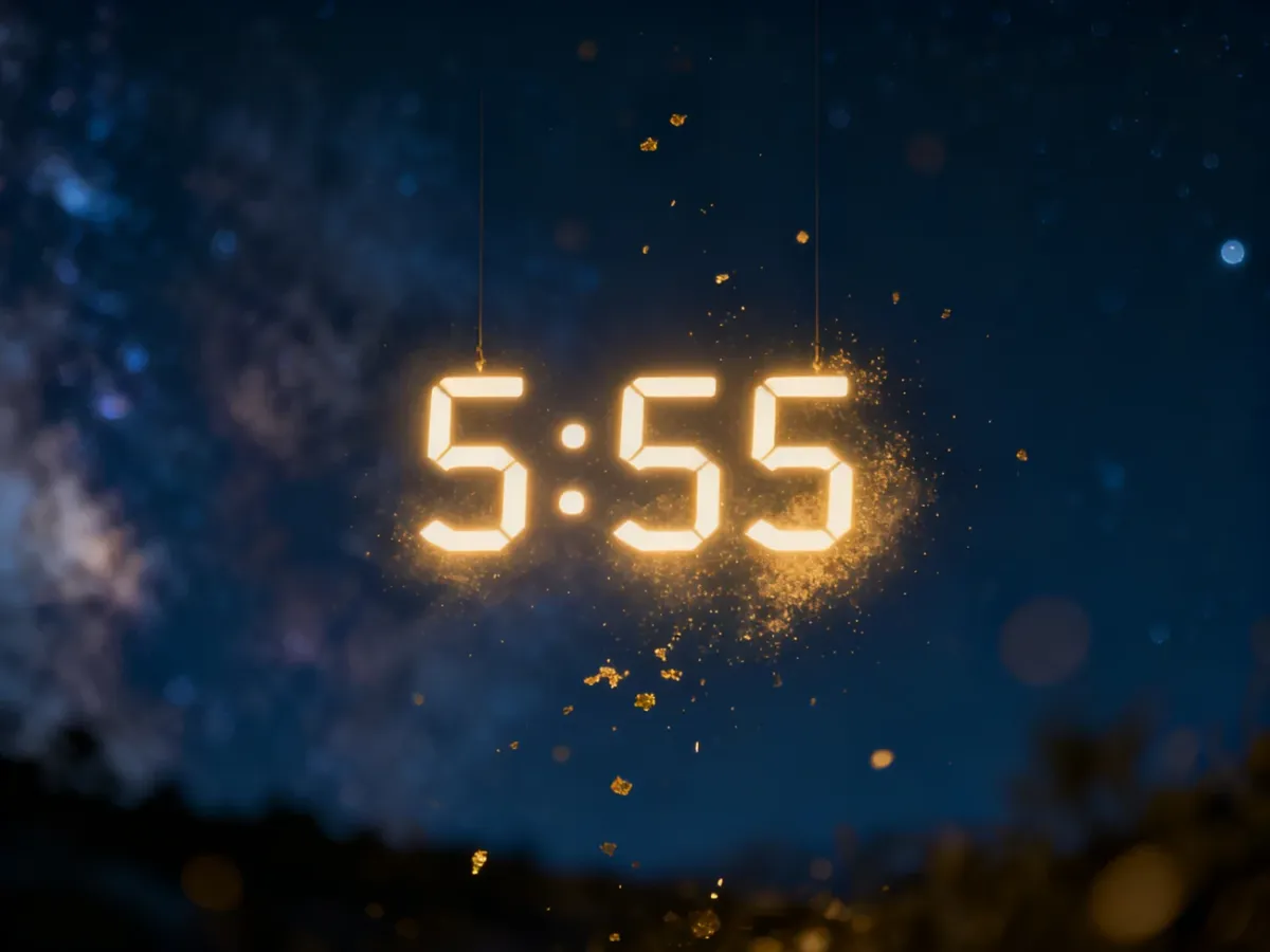 Świecące cyfry „5:55” zawieszone na tle ciemnoniebieskiego nieba z gwiezdnym pyłem, symbolizujące mistyczną liczbę anielską.