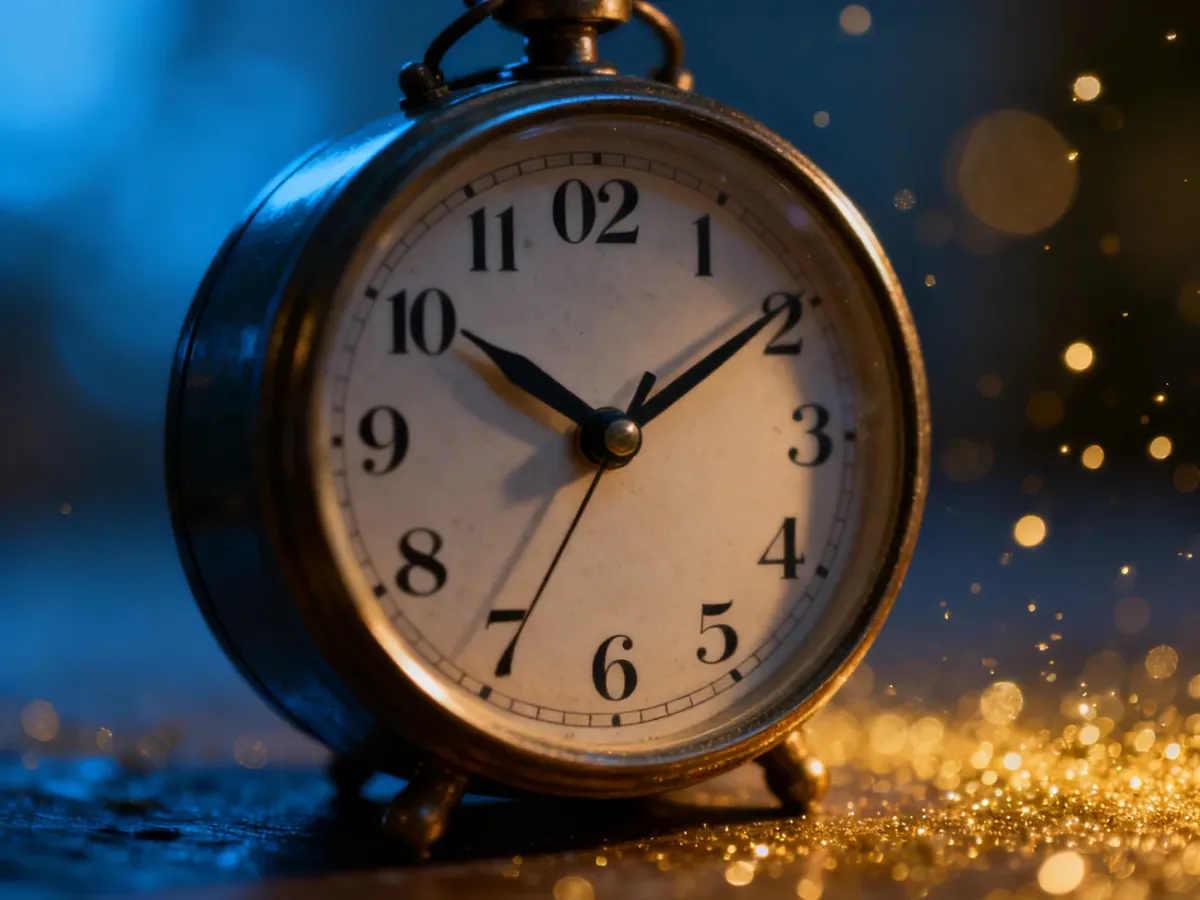 Zegar analogowy wskazujący godzinę 02:02 w nastrojowej, złocistej poświacie, podkreślającej mistyczny charakter tej godziny.