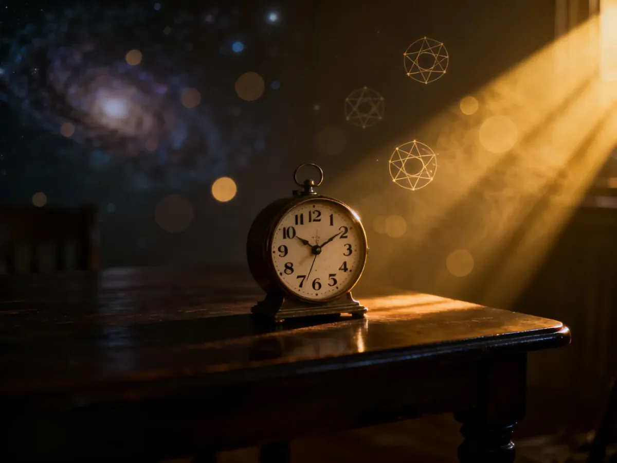 Zegar analogowy wskazujący godzinę 3:33 w mistycznej, nastrojowej scenerii z elementami świętej geometrii.