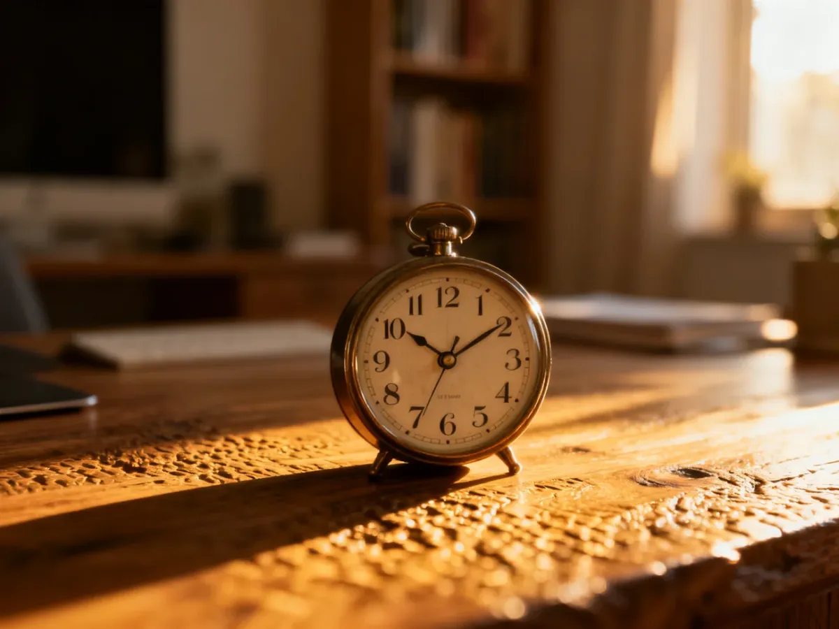 Zegar analogowy wskazujący godzinę 12:12 na drewnianym biurku w ciepłym świetle popołudniowego słońca.
