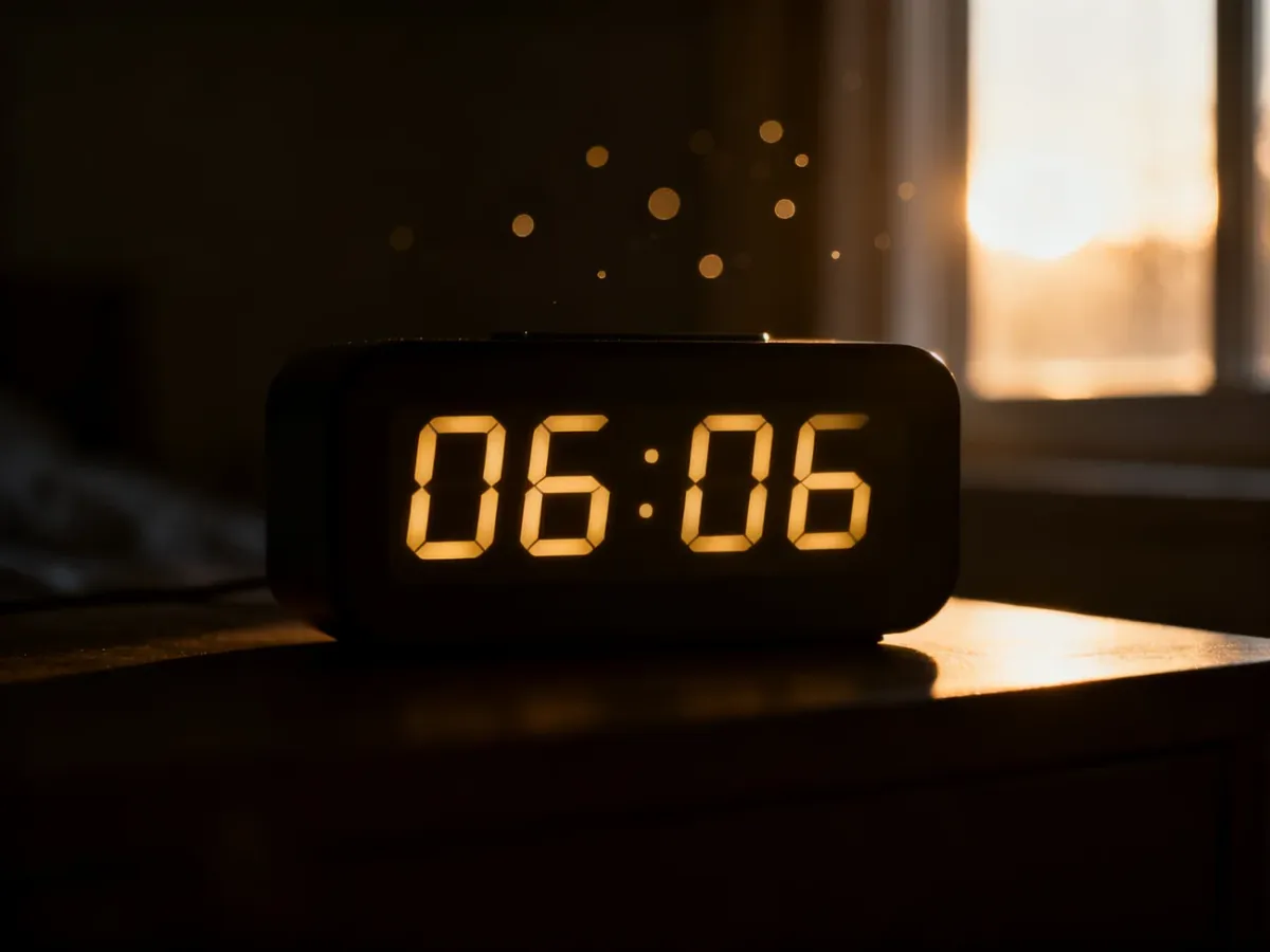 Minimalistyczny zegar cyfrowy wyświetlający godzinę 06:06 w złotym świetle na nastrojowym, ciemnym tle.