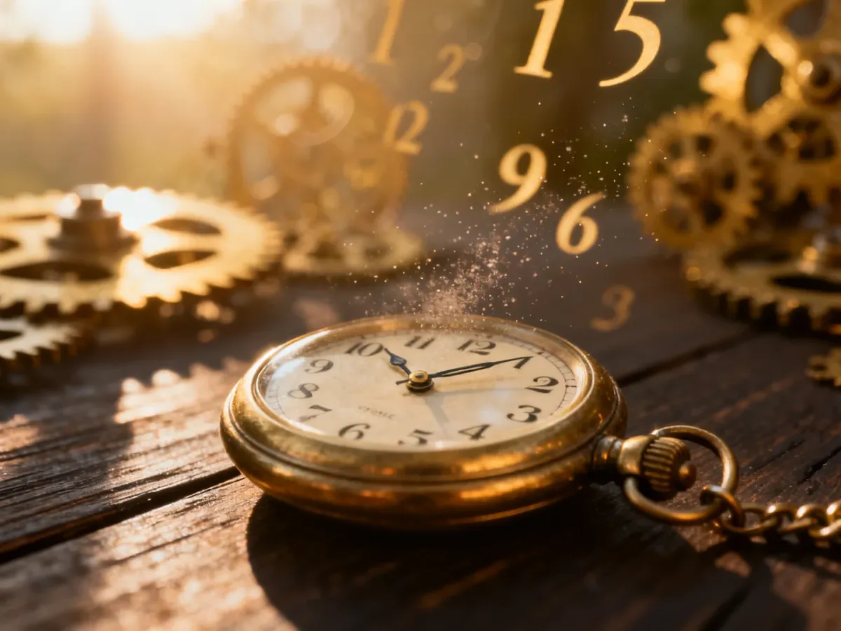 Zabytkowy zegarek kieszonkowy wskazujący godzinę 12:12 na tle mistycznej, złotej poświaty symbolizującej numerologię.