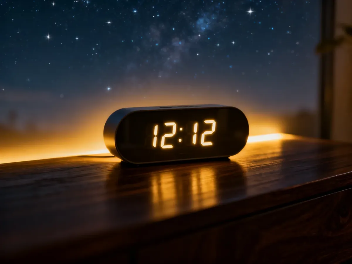 Minimalistyczny zegar wskazujący godzinę 12:12 na tle rozgwieżdżonego nieba, symbolizujący mistyczny moment.