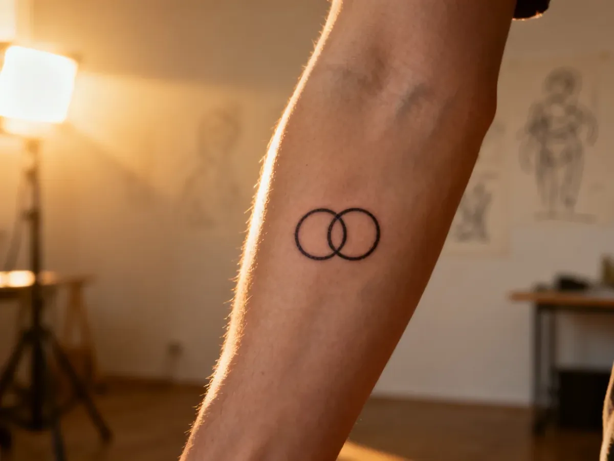 Minimalistyczny tatuaż z kolistym symbolem wiecznego cyklu na jasnej skórze, symbolizujący ideę karmy.