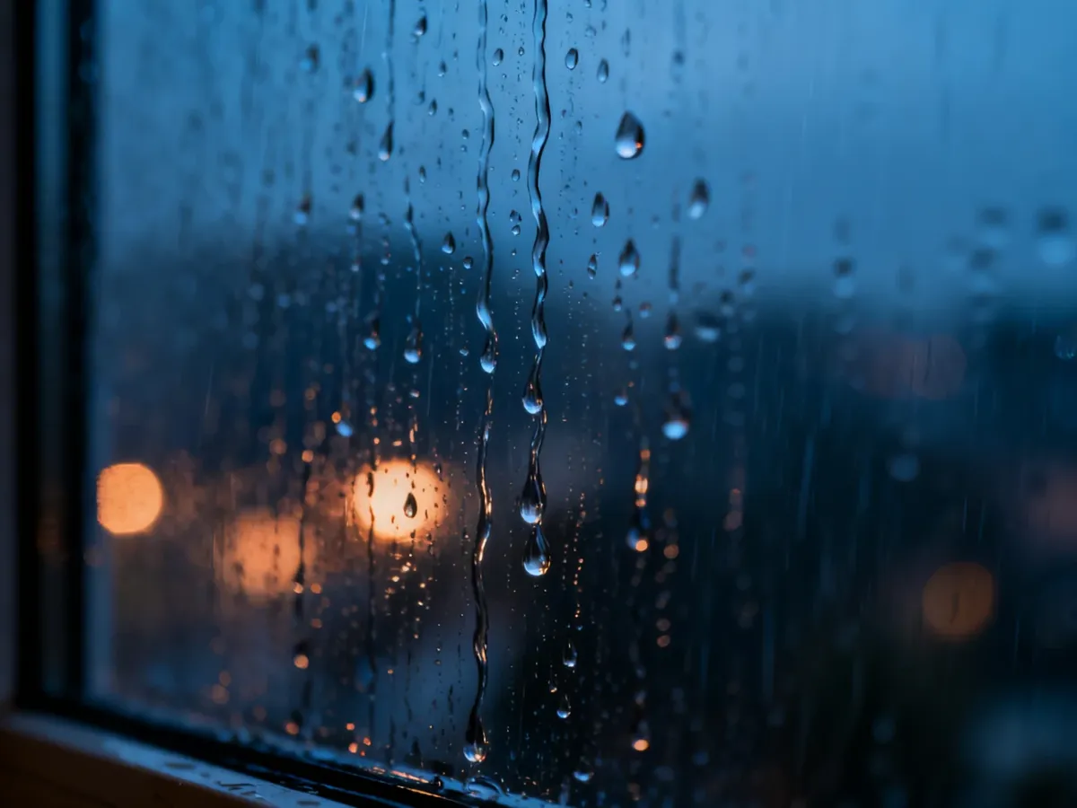 Krople deszczu spływające po szybie w nocy, odbijające światła miasta, tworzą melancholijny i tajemniczy nastrój.