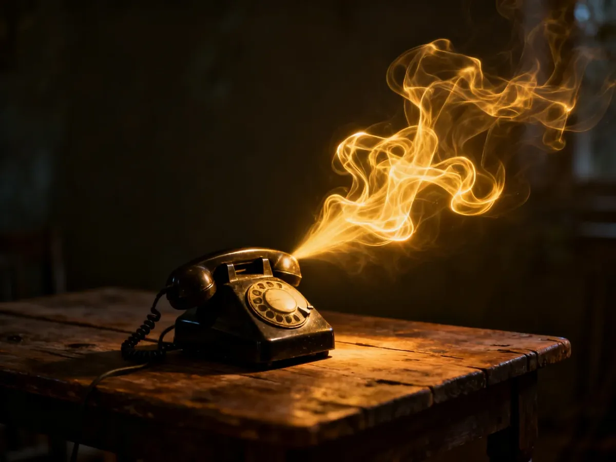 Słuchawka starego telefonu na drewnianym stole, z której wydobywa się mistyczne, złote światło tworzące oniryczne kształty.