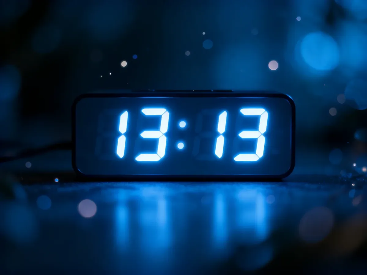 Cyfrowy zegar wyświetlający godzinę 13:13 w formie świecących, neonowych cyfr na mistycznym, ciemnym tle.