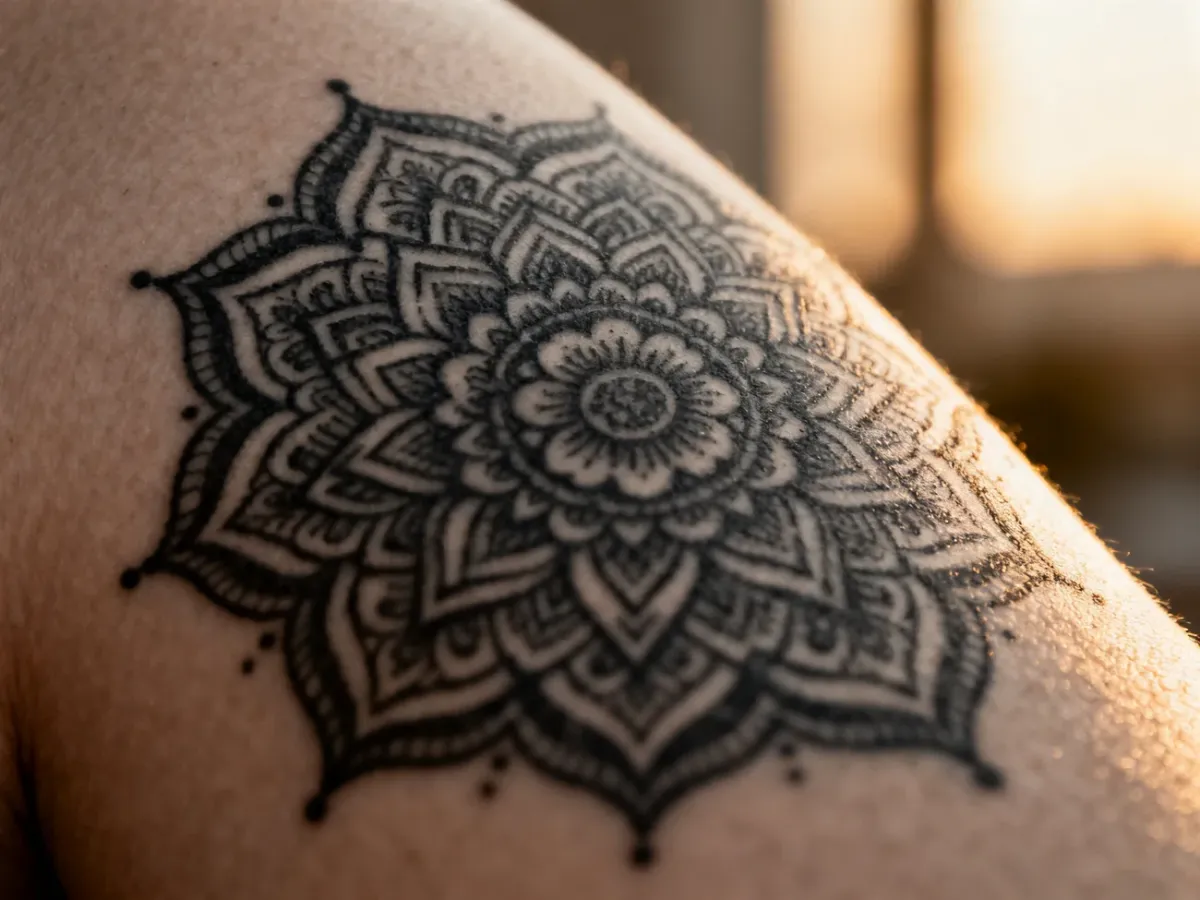 Zbliżenie na precyzyjny tatuaż typu mandala z misternymi wzorami geometrycznymi i kwiatowymi na skórze.