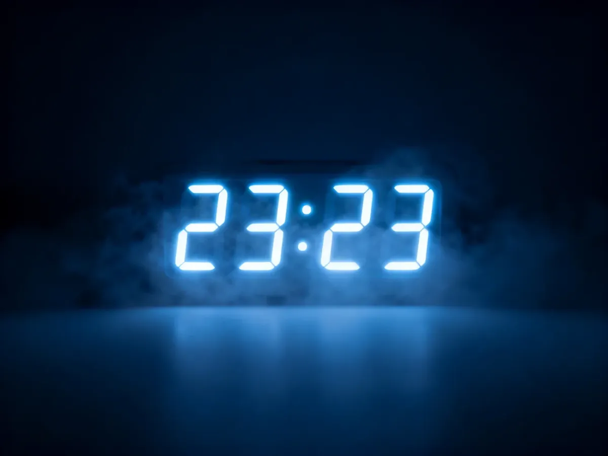 Cyfrowy zegar wyświetlający godzinę 23:23 w formie świecących, neonowych cyfr na ciemnym, mistycznym tle.