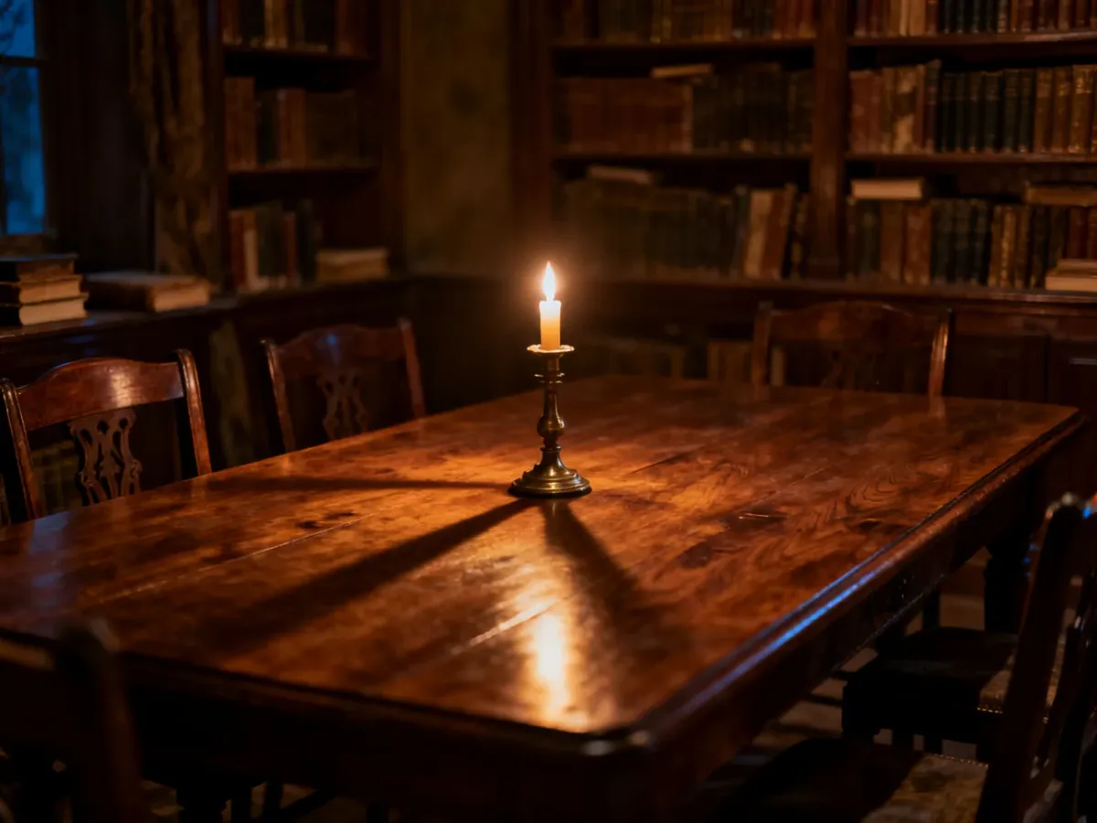 Majestatyczny drewniany stół z zapaloną świecą w przytulnej bibliotece, tworzący nastrojową, senną atmosferę.