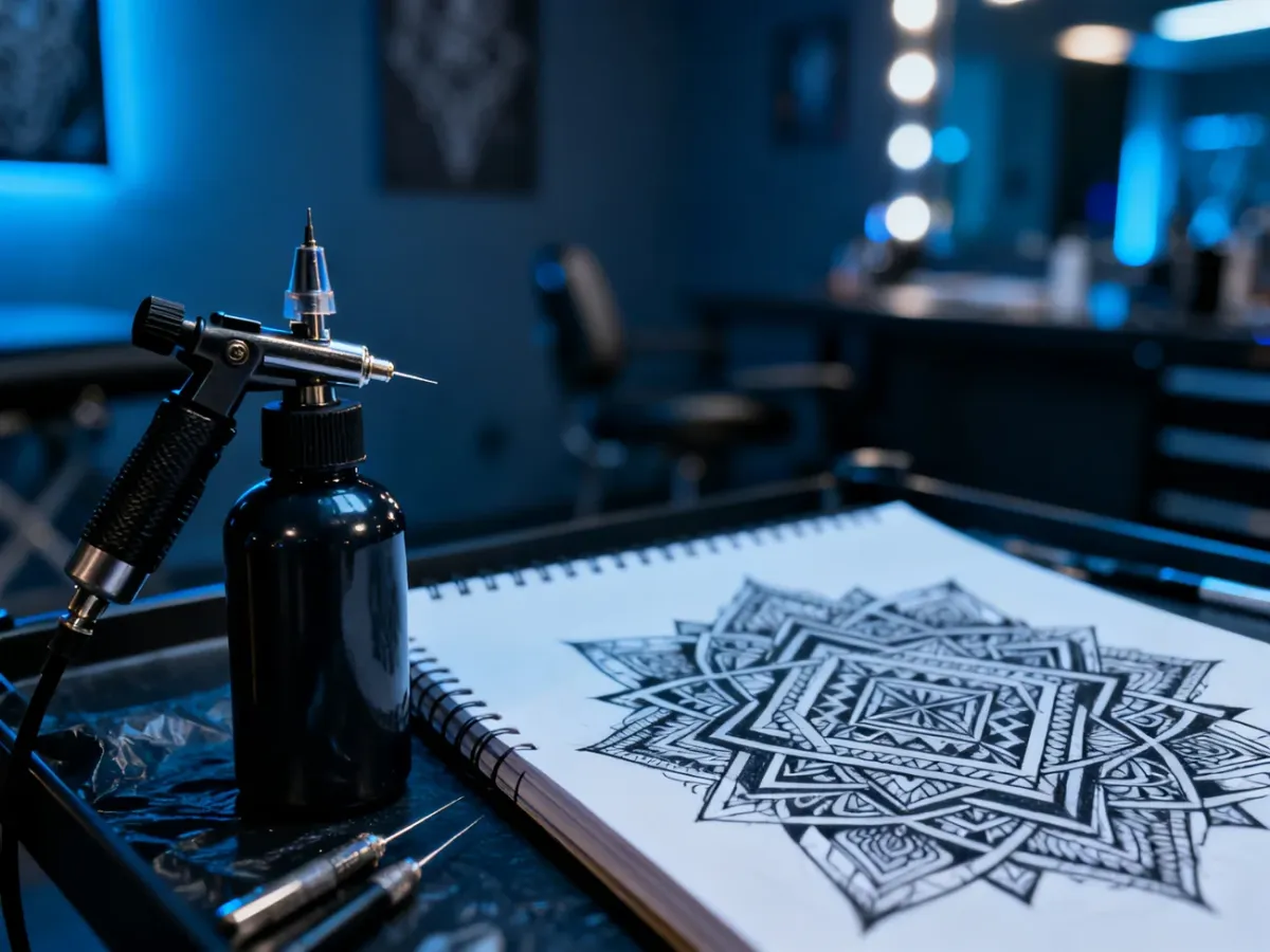 Stanowisko pracy tatuażysty z czarnym tuszem, igłami i szkicownikiem z geometrycznymi wzorami w stylu blackwork.