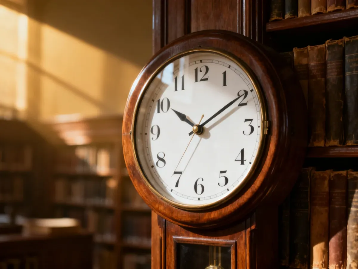 Elegancki zegar ścienny wskazujący godzinę 17:17 w przytulnym wnętrzu biblioteki, podkreślający mistyczny charakter tej chwili.