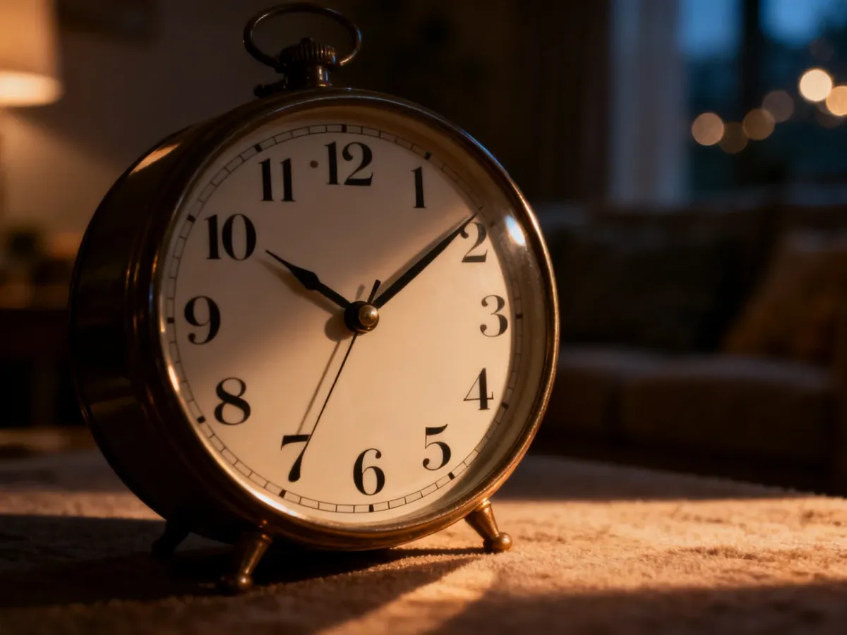 Elegancki zegar analogowy wskazujący godzinę 20:20 w przytulnym, wieczornym wnętrzu.