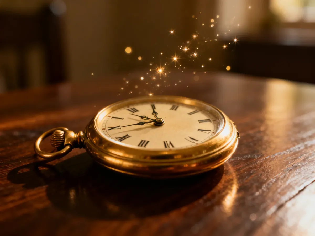Złoty zegarek kieszonkowy wskazujący godzinę 11:11 na tle magicznego pyłu, symbolizujący mistyczne znaczenie lustrzanych godzin.