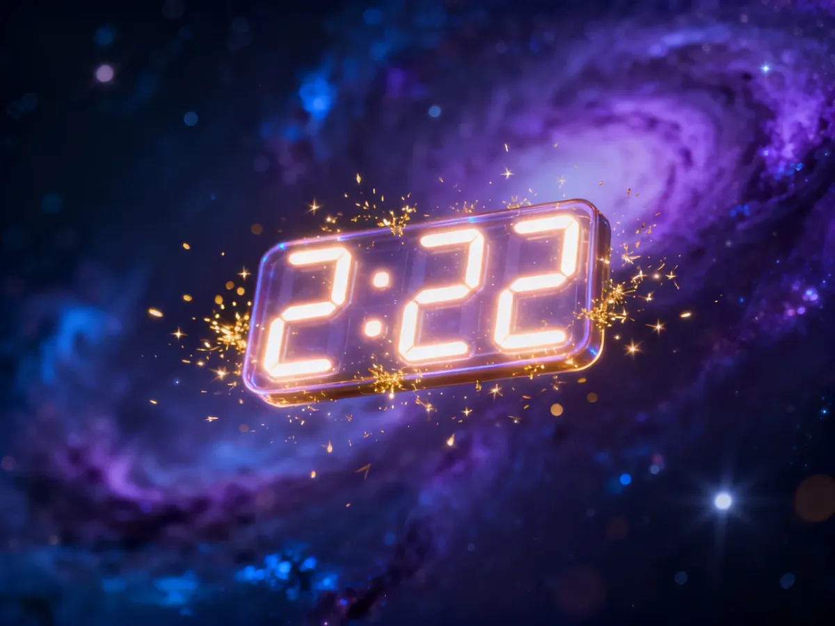 Świecący cyfrowy zegar z godziną 2:22 unoszący się na tle mistycznej, kosmicznej mgławicy z magicznymi złotymi drobinkami.