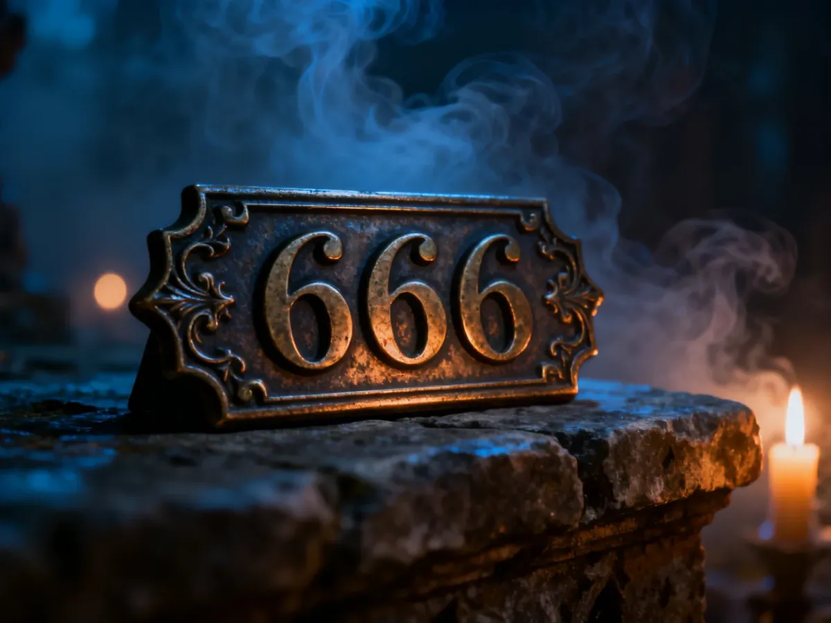 Mroczna, nastrojowa kompozycja z wygrawerowaną liczbą 666 na kamiennym tle, podkreślająca tajemniczy charakter tatuażu.
