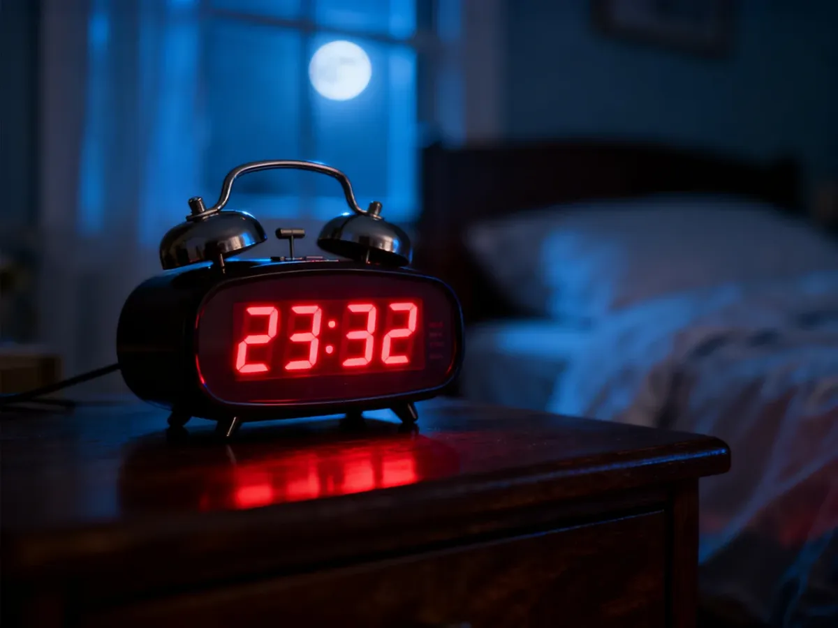 Cyfrowy budzik na drewnianym stoliku nocnym wyświetlający godzinę 23:32 w przyciemnionej sypialni.